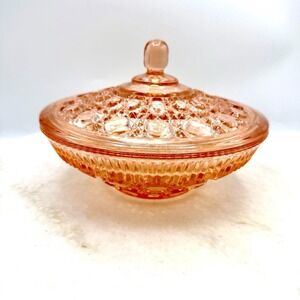 Indiana Glass Windsor Button Cane Pink Dish Bowl With Lid Peach Ballad Gift